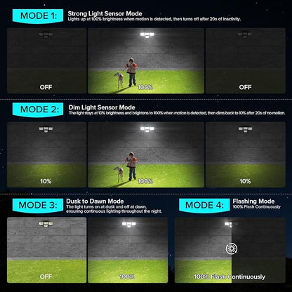 JJX Solar Outdoor Lights 3000LM 278 LED, 1 Pack 4-Head Motion Sensor Outdoor Lights, 6500K IP65 Waterproof 4 Lighting Modes Solar Security Light for Yard Garden Driveway with Remote Control