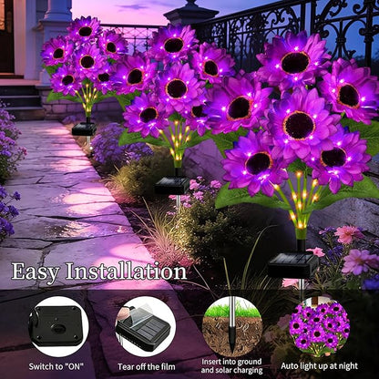 Solar Garden Lights Outdoor, 6 Pack Solar Purple Sunflower Lights with 18 Head 3.4 Inch Flowers, Waterproof Flowers Light Fall Decor Auto ON/Off for Garden Yard Patio Backyard, Gifts for Mom Women