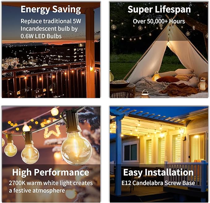 Outdoor String Lights 25FT, G40 LED Patio Globe Lights with 27 Shatterproof Bulbs, Waterproof Connectable Hanging Lights for Backyard Porch Wedding Christmas Decor, Warm White