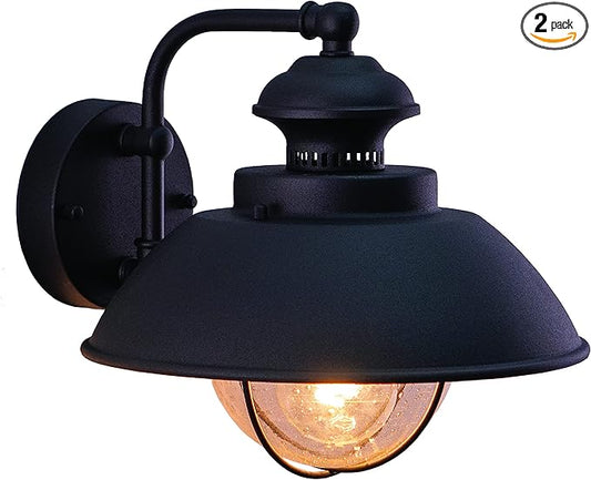 VAXCEL 2-Pack Harwich 10.25 in. H 1-Light Textured Black Coastal Outdoor Wall Sconce Made of Durable Steel, Clear Seeded Glass Shade, LED Compatible, Use for Exterior Porch Patio Front Door or Garage