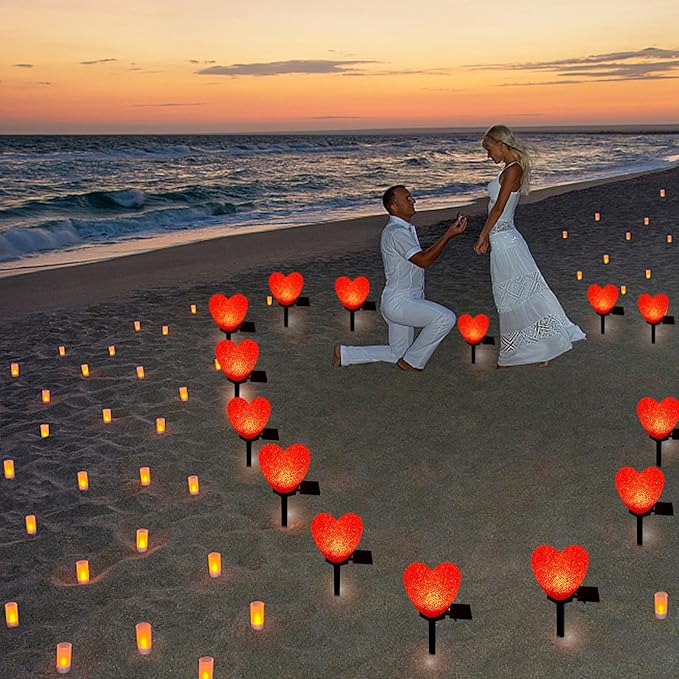 Valentines Day Solar Heart Lights Outdoor, 2Pcs Waterproof Solar Valentines Day Decorations Red Heart Nano-Lights Outside Valentine Lights for Yard Cemetery Grave Garden Walkway