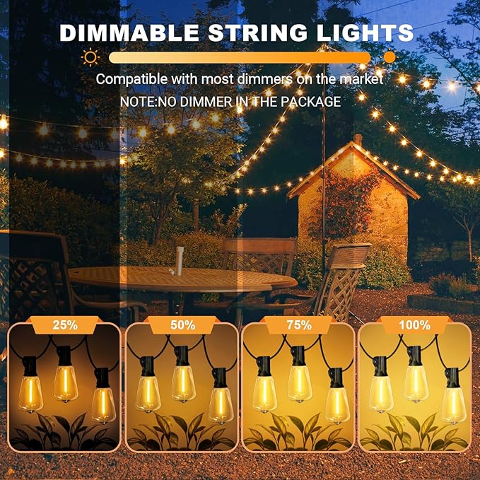 LAMPHOME 51FT Outdoor String Lights Waterproof, 2700K Bright LED Patio Lights with 25+2Spare ST38 Shatterproof Vintage Bulbs, Retro Connectable Edison for Outside, Garden, Balcony, Porch