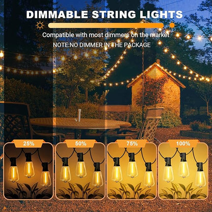 LAMPHOME 51FT Outdoor String Lights Waterproof, 2700K Bright LED Patio Lights with 25+2Spare ST38 Shatterproof Vintage Bulbs, Retro Connectable Edison for Outside, Garden, Balcony, Porch