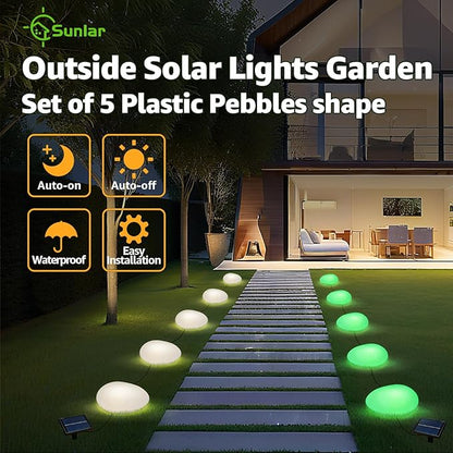 Color Changing Solar Lights Outdoor Waterproof - 5Pcs Plastic Pebbles Multi Color/RGB CobbleStones Lights for Decoration Landscape Garden Pathway Patio Lawn Yard Walkway.