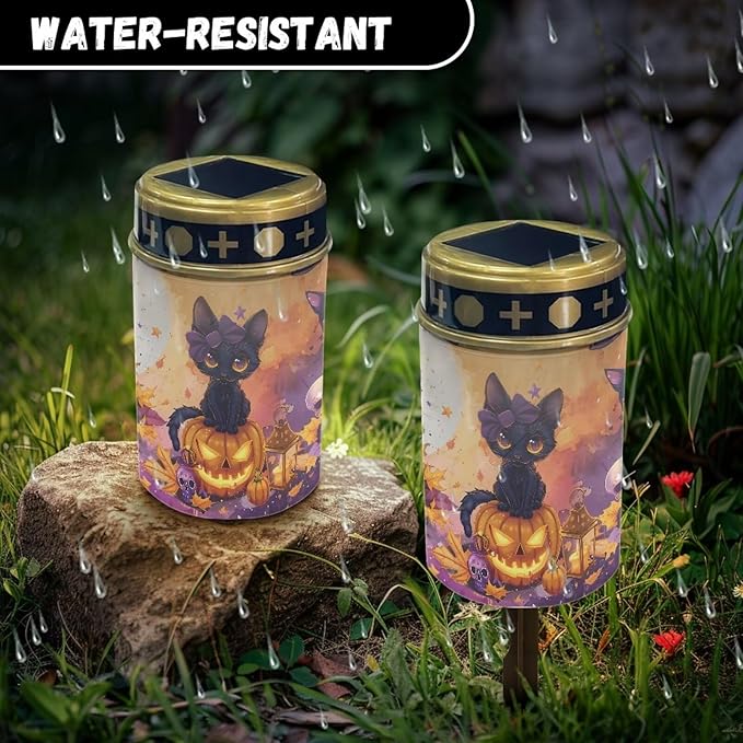 Black Cat and Pumpkin Solar Light Outdoor for Cemetery, Waterproof Garden Lights Solar Powered, Solar Lights for Garden, Balcony, Yard, Gifts for Memorial