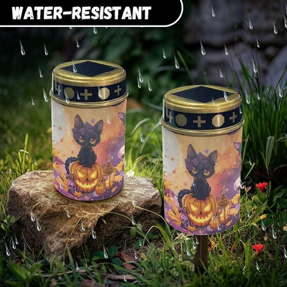 Black Cat and Pumpkin Solar Light Outdoor for Cemetery, Waterproof Garden Lights Solar Powered, Solar Lights for Garden, Balcony, Yard, Gifts for Memorial