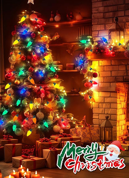 C9 Christmas Lights Outdoor, 50Feet Vintage Christmas String Lights with 50 Colored Bulbs, Connectable Waterproof Lights for Holiday Party Roofline Backyard Garden Patio, Green Wire (Multicolor)