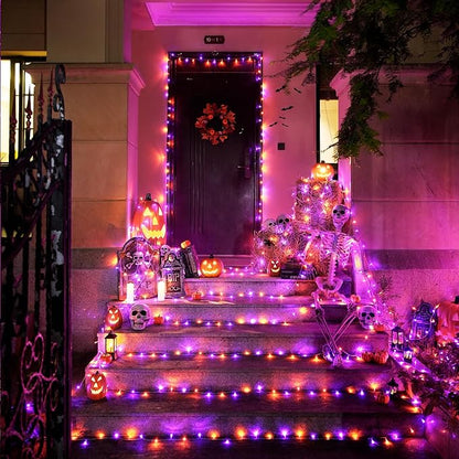 JMEXSUSS 33 FT 100 LED Halloween String Lights Indoor, Orange and Purple Halloween Lights Clear Wire, 8 Modes Outdoor Waterproof Christmas String Light Plug in