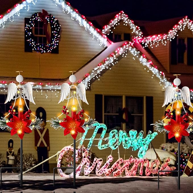 Baquler 2 Pcs Solar Christmas Angel Stake Lights Yard Decorations Christmas Garden Stake Decor Metal Angel Solar Lights Outdoor Garden with LED Candle for Pathway Holiday Winter Decoration