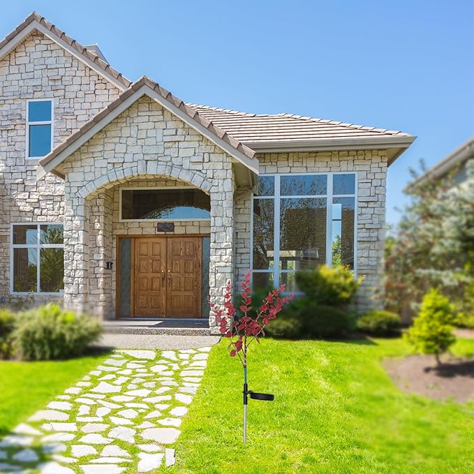 Cabilock Solar Eucalyptus Leaf Pathway Light Solar Garden Lamp Outdoor Landscape Lighting with Dark Red Flower Design Solar-Powered Lawn Stake Light for Patio and Yard Decoration