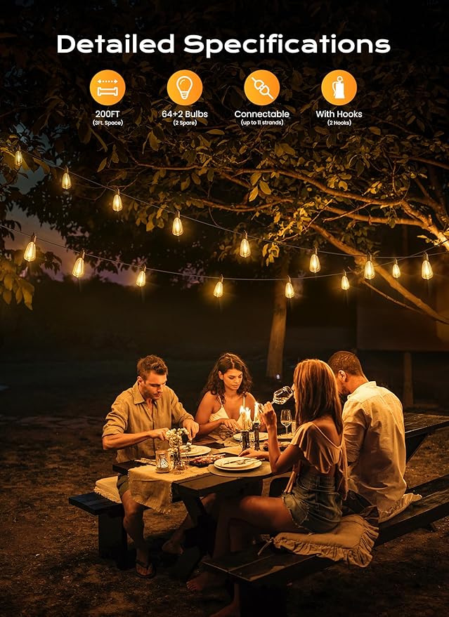 Brightown Outdoor String Lights, 200FT 64+2 LED ST38 LED Patio Lights Shatterproof, Dimmable IP65 Waterproof | Lumora