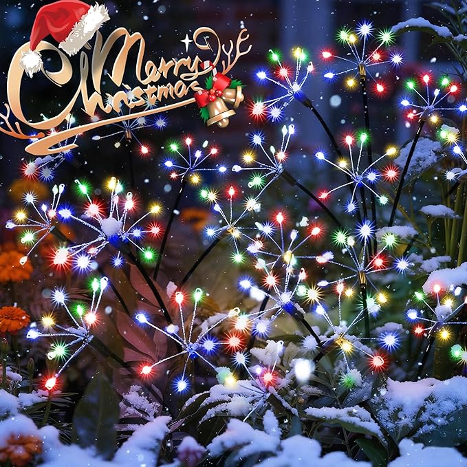 Solar Christmas Lights Outdoor, Solar Garden Decor, Outdoor Christmas Decorations, Gardening Supplies, Solar Powered Lights Waterproof for Yard Patio, Fairy Decor Firwork(2 Pack Multi-Colored)