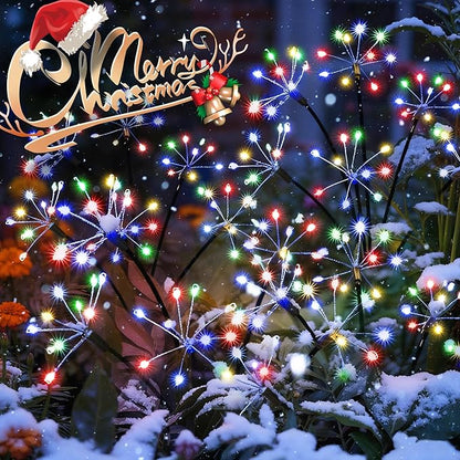 Solar Christmas Lights Outdoor, Solar Garden Decor, Outdoor Christmas Decorations, Gardening Supplies, Solar Powered Lights Waterproof for Yard Patio, Fairy Decor Firwork(2 Pack Multi-Colored)