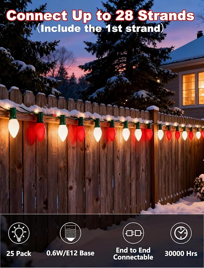 C7 LED Christmas Lights,25ft Red and White Outdoor String Lights with 27 Ceramic Bulbs(2 Spare), Plug-in Vintage Commercial Christmas Lights String for Outside Roofline Patio Holiday Decor
