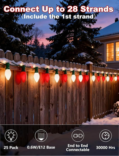 C7 LED Christmas Lights,25ft Red and White Outdoor String Lights with 27 Ceramic Bulbs(2 Spare), Plug-in Vintage Commercial Christmas Lights String for Outside Roofline Patio Holiday Decor