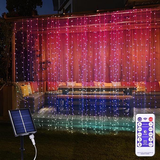 300 LED Solar Curtain Lights Outdoor Indoor Solar Christmas Lights Fairy Window Waterproof, Twinkle 8 Modes Christmas Decoration for Home Patio (Multi-Colored)