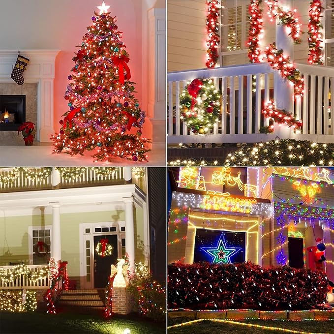 WATERGLIDE C6 Valentines Lights, 100 LED 33ft Faceted Fairy Lights Green Wire Christmas String Lights with Safe Adaptor, 8 Lighting Mode, Waterproof for Indoor Outdoor Patio Party Decor, White & Red