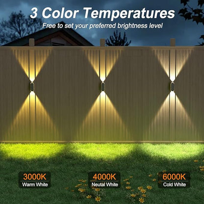 Ellasay Fence Lights Solar Powered: 4 Pack Solar Wall Lights Outdoor Up and Down IP67 Waterproof - 3 Colors Modes Brighter LED Lens Solar Lights Dusk to Dawn 12h for Backyard/Porch/Railing/Balcony