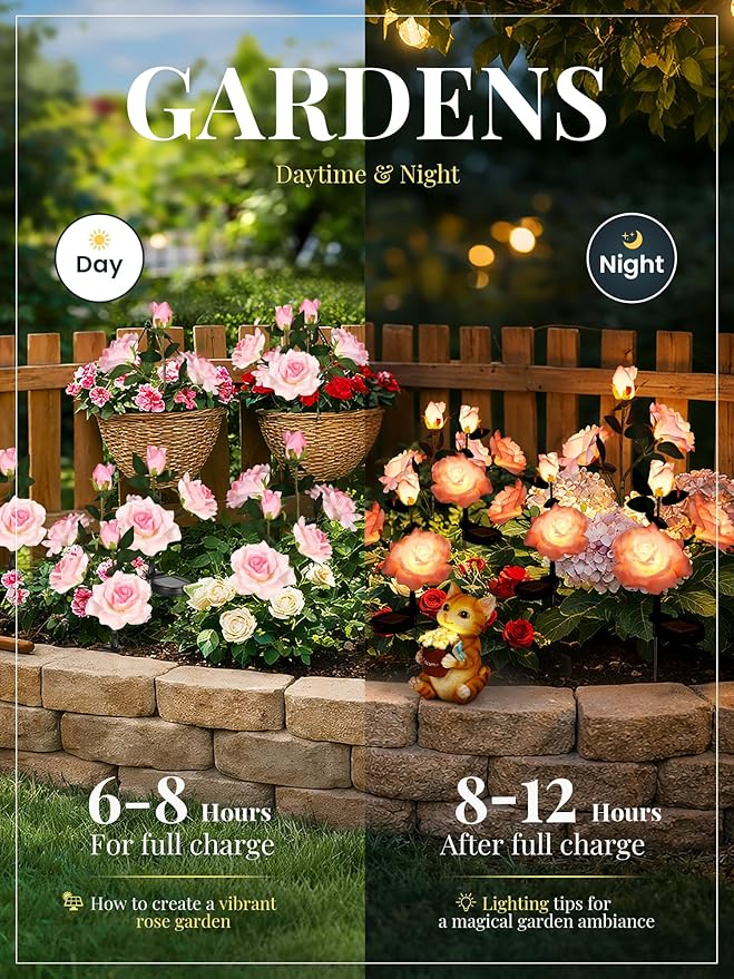 GIGALUMI Solar Lights Outdoor for Garden Decor, 3 Pack Solar Flower Lights Waterproof, 2 Lighting Modes 9 Rose Flowers for Pathway,Yard, Patio Decoration, Gardening Gifts for Women (Pink)