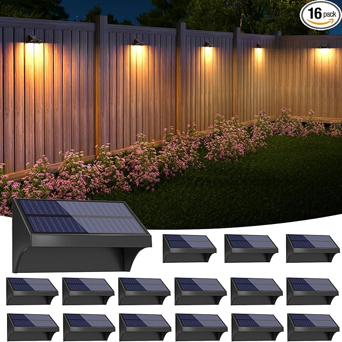 NIORSUN Outdoor Fence Lights, 16 Pack Waterproof LED Solar Fence Lights with 1500mAh Battery, Warm White/Cool White/RGB, Easy-to-Install Wall Light for Deck, Patio, Railing, Stairs, Backyard – Black
