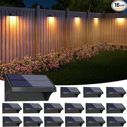 NIORSUN Outdoor Fence Lights, 16 Pack Waterproof LED Solar Fence Lights with 1500mAh Battery, Warm White/Cool White/RGB, Easy-to-Install Wall Light for Deck, Patio, Railing, Stairs, Backyard – Black