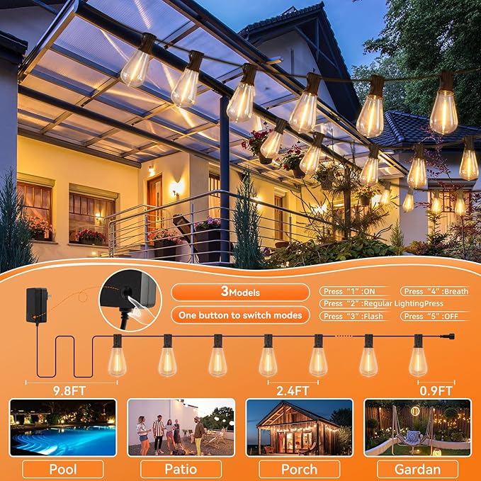 100 FT Outdoor String Lights for Outside, IP65 Waterproof ST38 LED Shatterproof Bulbs, Dimmable & Timable, 3 Light | Lumora