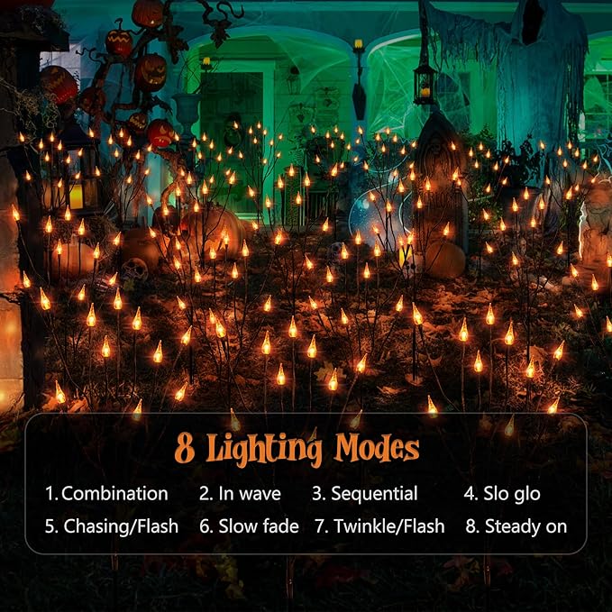 ODEETRONIC Halloween Pathway Lights – 3 Pack 30 LED Orange Candle Stake Lights, 7.54ft 8 Modes Outdoor Halloween Light Battery Operated, Waterproof & Timer Orange Light for Lawn, Path, Garden Decor