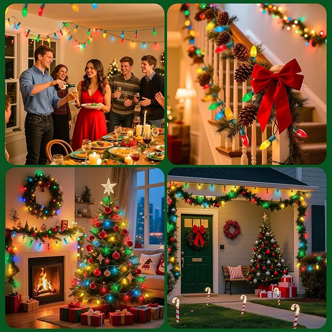 Minetom C9 Bulb String Lights Outdoor 100 Feet Multicolored Christmas Lights Green Wire for Outdoor Patio Room Christmas Tree Party Backyard Xmas Decoration, E17 Base, 100+4 Bulbs, Not Connectable