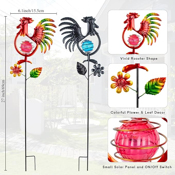 Rooster Solar Garden Lights, 2 Pack Metal Solar Stake Light, 27" H Outdoor Chicken Statues Figurine Lights for | Lumora