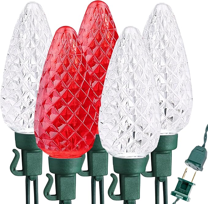 Brizled Red & White Christmas Lights, 33ft 50 LED Faceted C9 String Lights Outdoor, Linkable Christmas Tree Light, UL Certified Indoor Xmas Light Waterproof for House Roof Xmas Valentine's Day Party