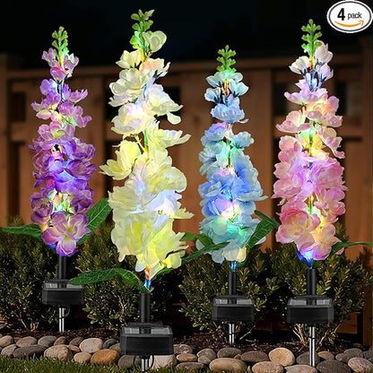 4 Pack Solar Garden Lights Outdoor, LED Colorful Waterproof Solar Powered Hyacinth Flowers Landscape Lights for Patio, Outside Yard, Pathway Decorative, Décor, Gifts, Two Lighting Modes