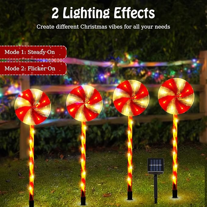 Lewondr 4 Pack Lollipop Christmas Decorations Outdoor,Solar Lighted Candy with Garden Stakes,Waterproof Garden Lawn Pathway with 2 Lighting Modes,Solar Christmas Yard Decor for Path,Xmas Party,Holiday