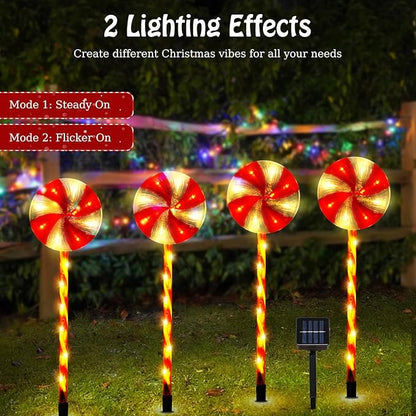 Lewondr 4 Pack Lollipop Christmas Decorations Outdoor,Solar Lighted Candy with Garden Stakes,Waterproof Garden Lawn Pathway with 2 Lighting Modes,Solar Christmas Yard Decor for Path,Xmas Party,Holiday
