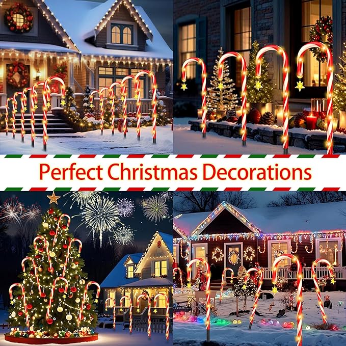 Solar Christmas Decorations Outdoor, 12 Pack Solar Candy Cane Christmas Lights 8 Lighting Modes 180 Bright LED, Waterproof Outside Xmas DIY Decorations for Pathway Yard Garden