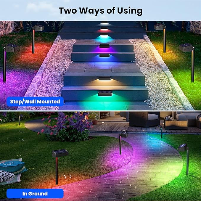 Bright Solar Pathway Lights Outdoor, 12 Pack Solar Powered Garden Lights, Warm White/7 RGB Color Glow, Waterproof, Adjustable Angle, Perfect for Gardens, Yards, Pathways, Driveways