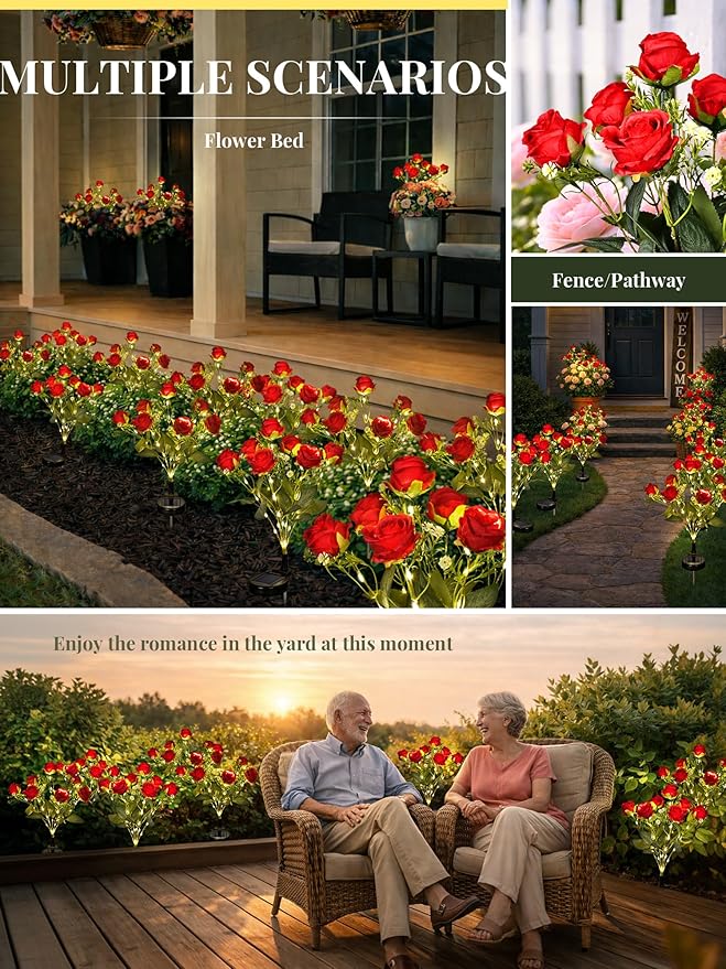 GIGALUMI Solar Lights Outdoor for Garden Decor, 4 Pack Solar Flower Lights Waterproof, 2 Lighting Modes 28 Rose Flowers for Pathway,Yard, Patio Decoration, Gardening Gifts for Women (Red)