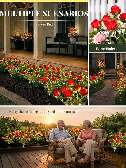 GIGALUMI Solar Lights Outdoor for Garden Decor, 4 Pack Solar Flower Lights Waterproof, 2 Lighting Modes 28 Rose Flowers for Pathway,Yard, Patio Decoration, Gardening Gifts for Women (Red)