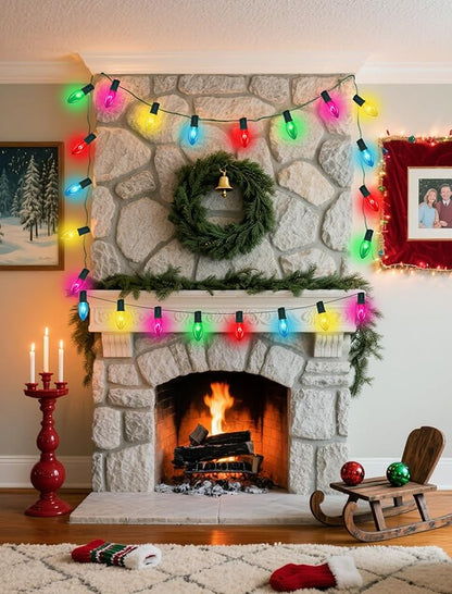 C9 Multicolor Christmas Lights, 25Ft Transparent Multicolor String Lights with 26 Clear Glass Bulbs (1 Spare), Hanging Vintage Christmas Lights String for Indoor Outdoor Christmas Tree Garden Party