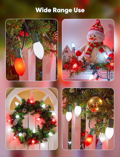 Vintage C9 LED Christmas Lights Outdoor, 50 Feet String with 50 Shatterproof Matte Bulbs, Connectable Waterproof Tree Lights for Holiday Roofline Backyard Garden Decor, Red & Pure White
