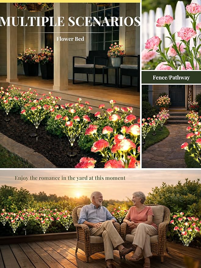 GIGALUMI Solar Lights Outdoor for Garden Decor, 4 Pack Solar Flower Lights Waterproof, 2 Lighting Modes 28 Carnation Flowers for Pathway,Yard, Patio Decoration, Gardening Gifts for Women (Pink)