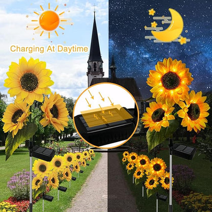 2 Pack Sunflower Solar Lights Outdoor Decor with 3 LED Sunflower Yellow Flower Lights Decorative Waterproof for Patio Lawn Garden Yard Pathway Decoration