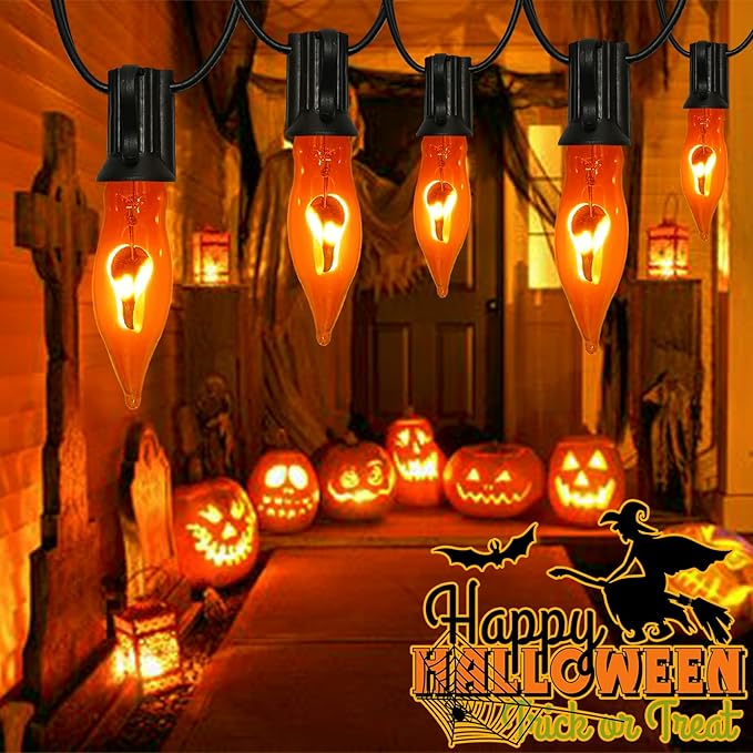 Christmas Flickering Orange String Lights Outdoor, 10Ft Flicker Flame Light 10 C7 Flame Bulb Lights, Outside Orange Light Plug in for Indoor Balcony Patio Party Christmas Halloween Decorations