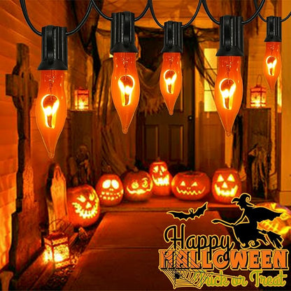 Christmas Flickering Orange String Lights Outdoor, 10Ft Flicker Flame Light 10 C7 Flame Bulb Lights, Outside Orange Light Plug in for Indoor Balcony Patio Party Christmas Halloween Decorations