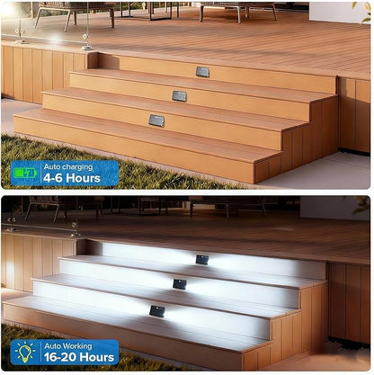 6 Pack Motion Sensor Solar Step Lights, IP67 Outdoor Waterproof Stair Light, Warm White/RGB Colors & Double-Sided Lighting, Outside Decor Light for Deck,Porch,Railing,Fence,Walkway, Yard,Wall,Patio