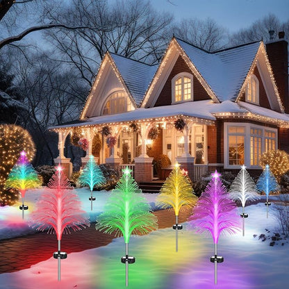 Baquler 8 Pcs Solar Christmas Tree Lights Waterproof Outdoor Pathyway Stake Light 7 Lighting Modes Fireworks Christmas Stake Light Decoration for Holiday Yard Walkway Garden Path Decor