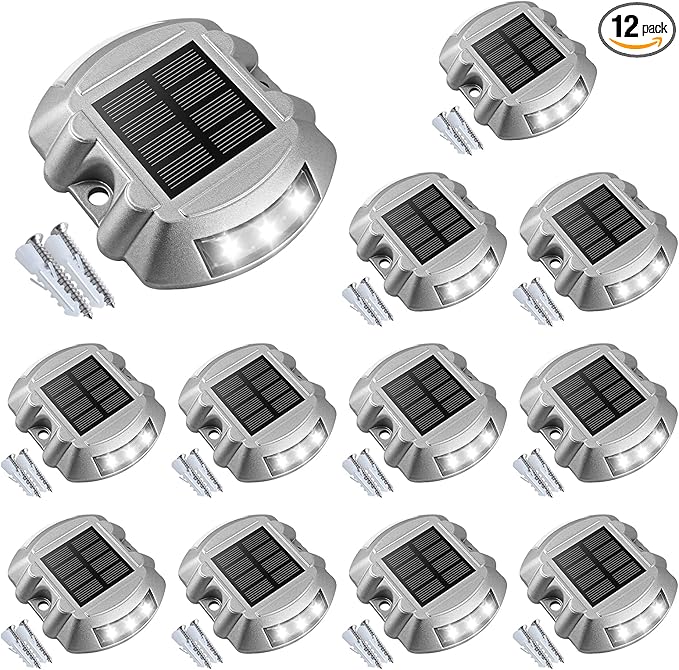 VOLISUN Solar Deck Lights Driveway Dock Lights, 12-Pack Led IP68 Waterproof Outdoor Warning Step Lights for Driveway Sidewalk Garden Pathway Yard(White, Auto On/Off