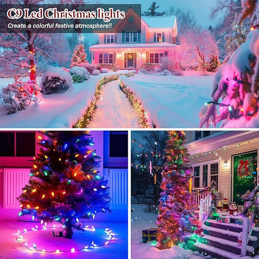 Kawaya Outdoor Christmas String Lights: C9 LED faceted Tree Lights, 50FT 50 Bulbs Multi Colored Indoor Decorations Lights, IP65 Commercial Waterproof Xmas Lights for Outside Roof House Walkway Pathway
