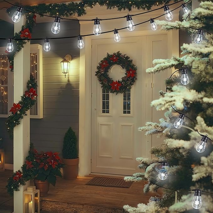 LED Outdoor String Lights, 50FT Patio Lights with 16Pcs Shatterproof S14 Bulb(1 Spare),4 Lighting Mode, Connectable, Waterproof White Edison Plastic Bulb Hanging Light for Yard Gazebo Porch Décor