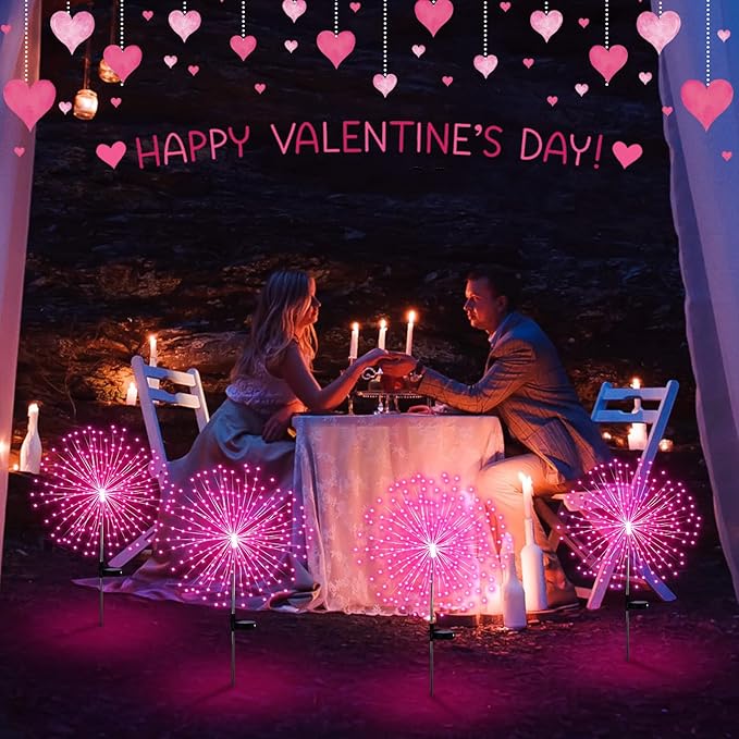 4 Pcs Valentine's Day Solar Lights Outdoor Pink Solar Firework Lights Decoration 180 LEDs 8 Modes Waterproof Valentine LED Stake Sparkler for Walkway Pathway Driveway Garden Yard Lawn Path(Pink)