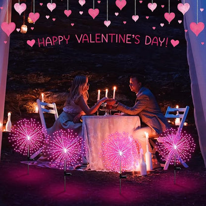 4 Pcs Valentine's Day Solar Lights Outdoor Pink Solar Firework Lights Decoration 180 LEDs 8 Modes Waterproof Valentine LED Stake Sparkler for Walkway Pathway Driveway Garden Yard Lawn Path(Pink)